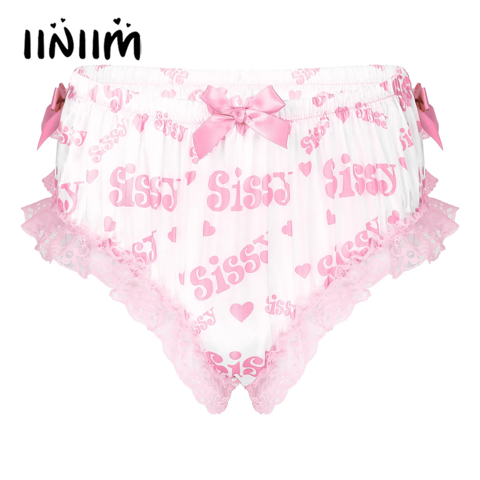 Mens Sexy Gay Lingerie Sissy Panties Shiny Satin Ruffled Floral Lace Cute Bowknot Knickers Briefs Sissy Crossdresser Underwear