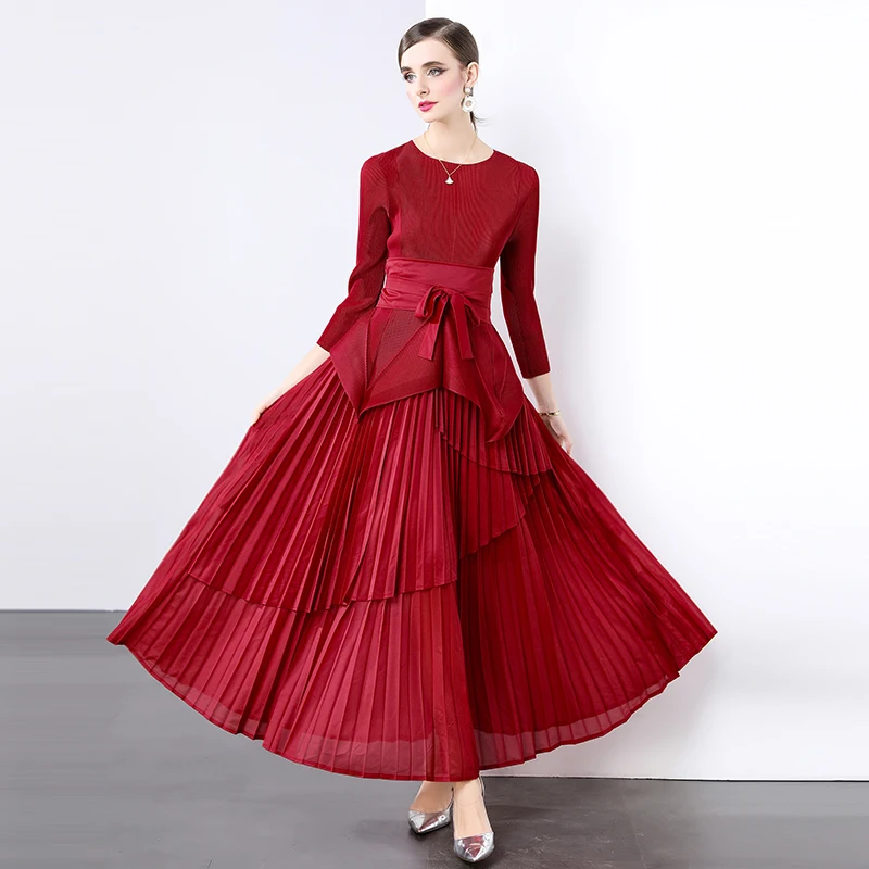 

New Fashion Pleated 2 Piece Set For Women Round Collar Irregular Belt Gathered Waist Ruffles Tops + Miyake Party Long Skirt Suit