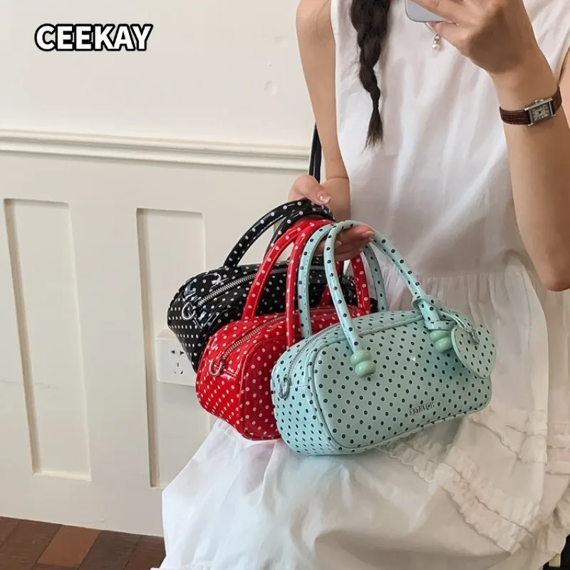 CEEKAY Multi-color Polka Dot Mini Boston Bag Heart Pendant Bead Handle Detachable Cross Strap Women Cute Handbag bag for women