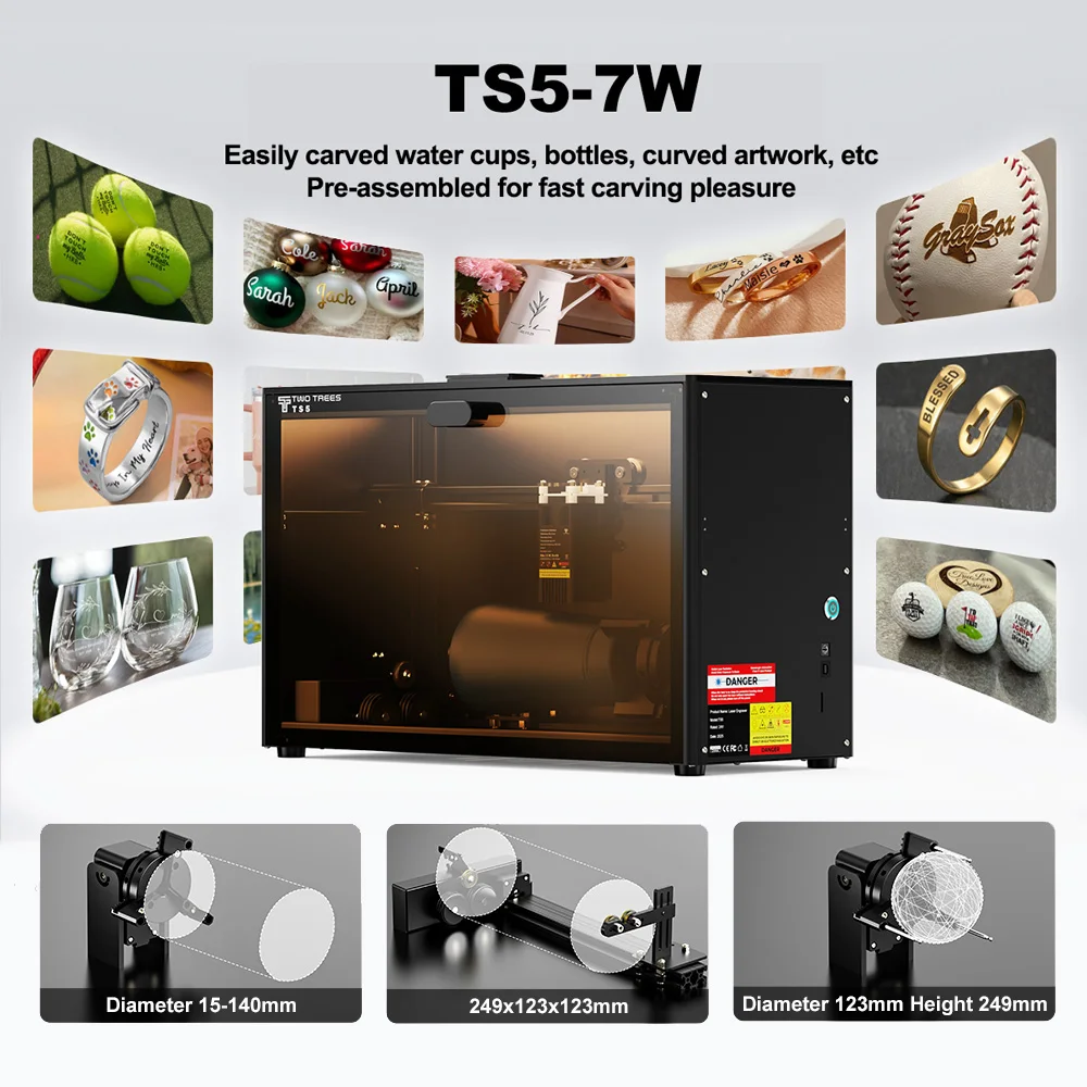 ماكينة الحفر بالليزر Twotrees TS5 مع أسطوانة دوارة للنقش بالليزر لأكواب المياه والحرف اليدوية المنحنية وزجاجات النبيذ