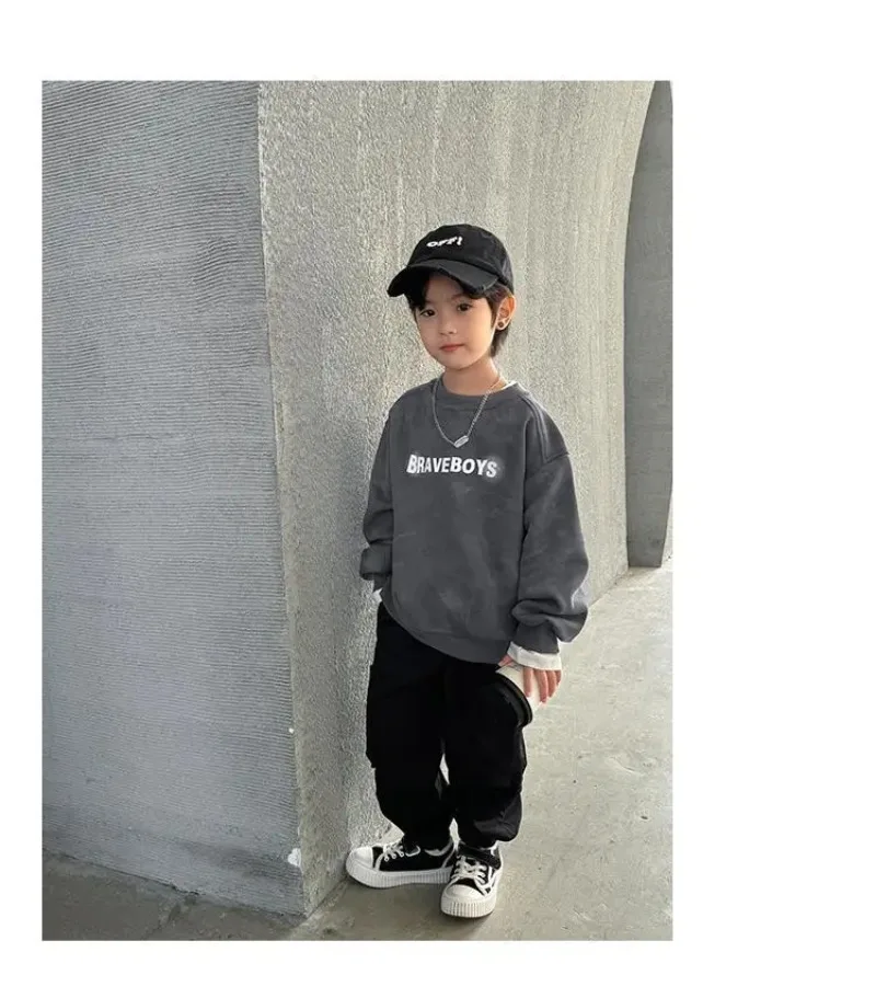 Boy Stylish Versatile Children\'s Sweatshirt 2024 New Long Sleeve Grey Patchwork T-shirt Loose-fit Korean Unisex Autumn Clothing