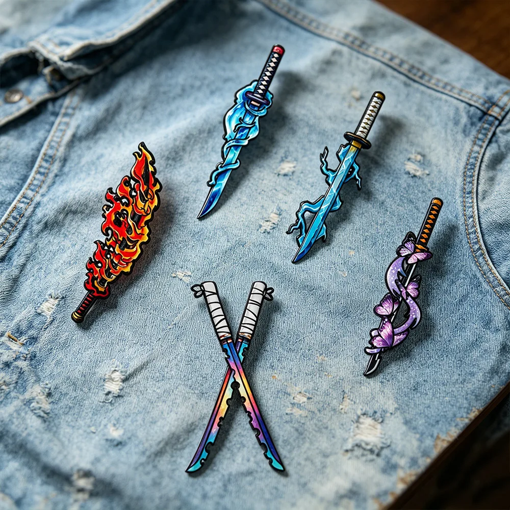 5pcs Anime Enamel Pins Elemental Fire Water Lightning Butterfly Nichirin Swords Pins Set Anime Cosplay Badges Collectible Gifts
