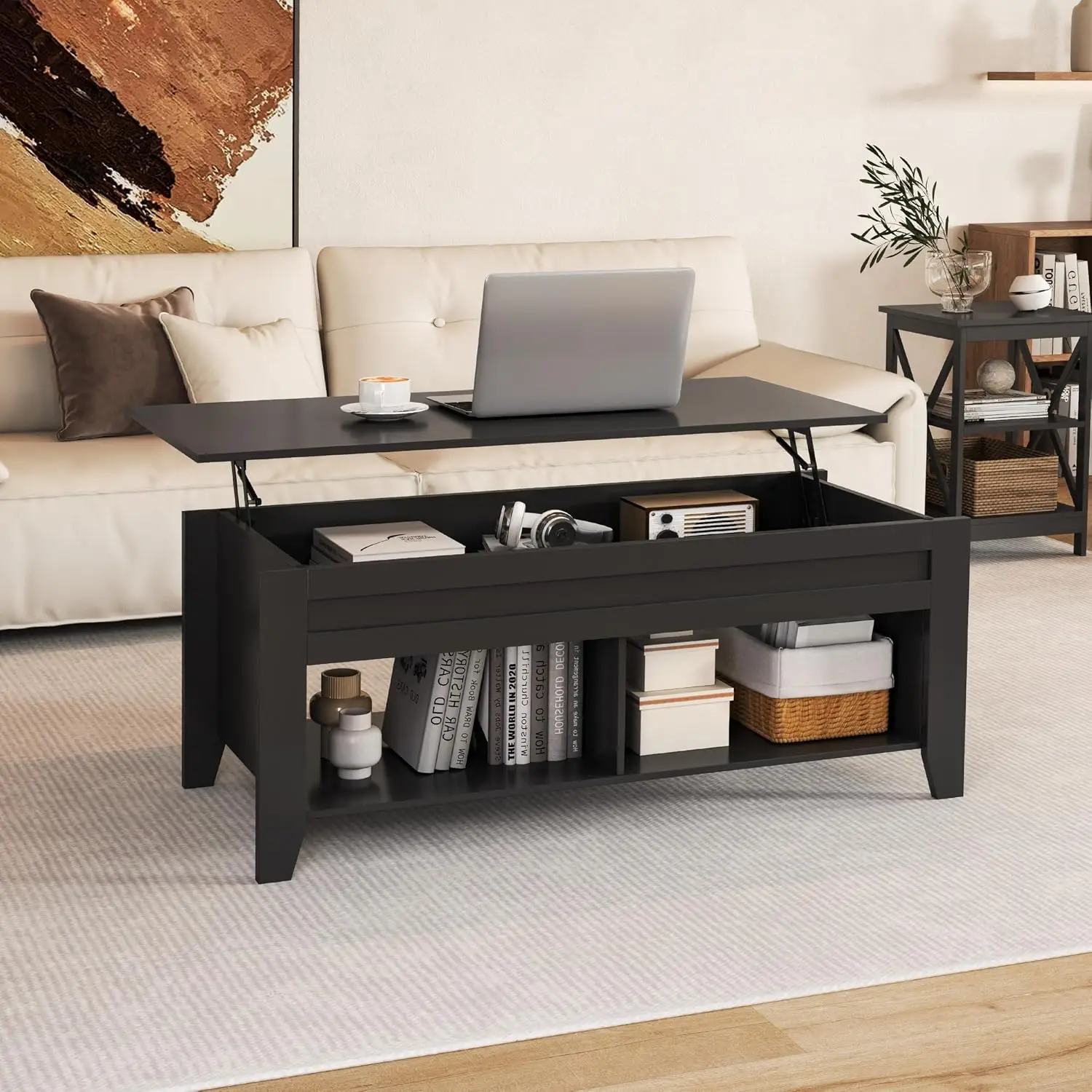 Lift Top Coffee Table, Large Wood Center Table, Living Room Hidden Storage Compartment Organizer, Modern Accent Tea Table Workstation, Black Finish