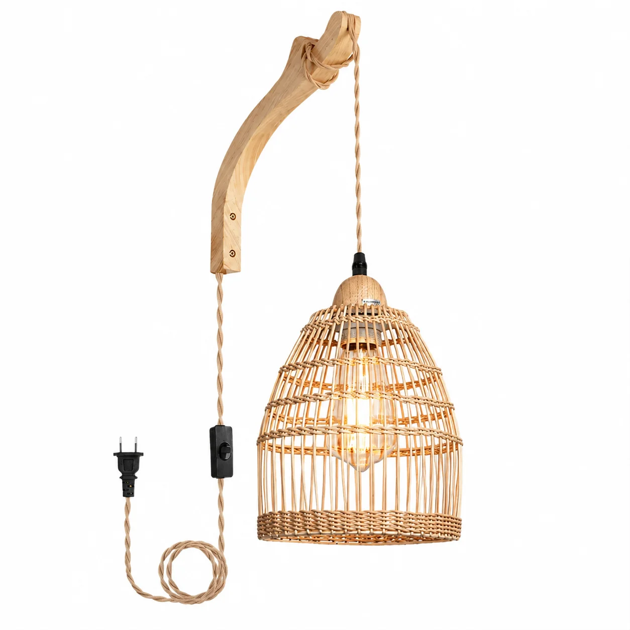 JOYINLED Handgewebte Boho-Wandleuchte mit 3M Kabel, Steckbare Wandlampe, Rattan-Wicker-Wandleuchte im Landhausstil für das Schlafzimmer