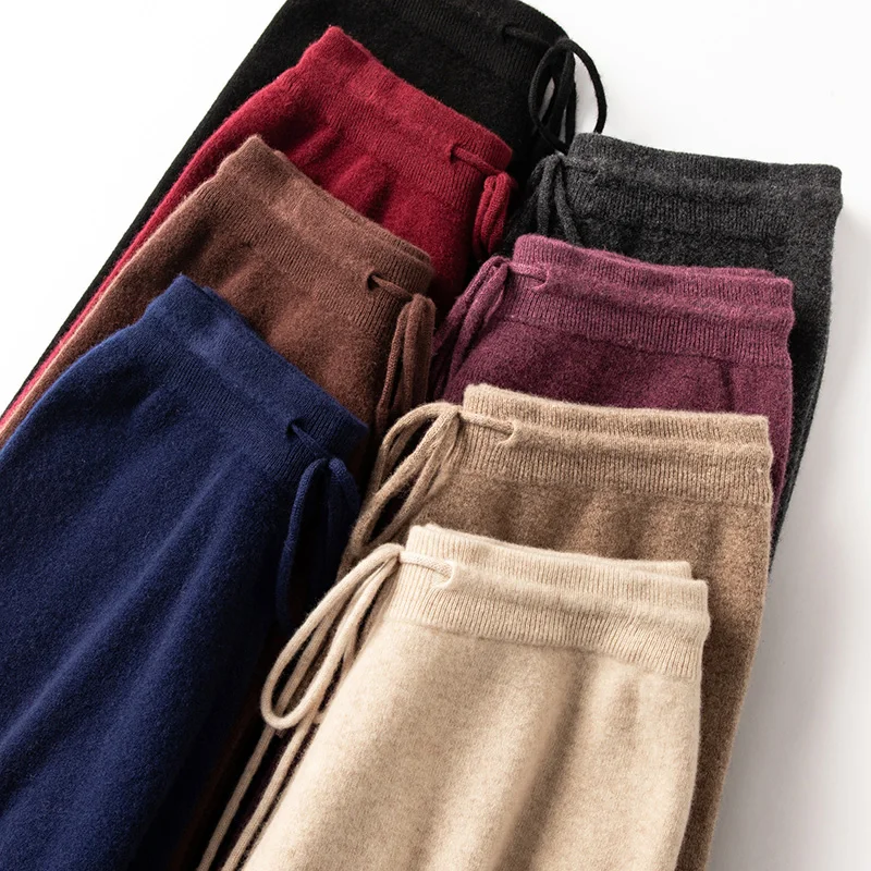 BELIARST Women's High-Waisted Wide-Leg Pants Loose Knit Floor-Length Casual 100% Merino Wool Pants Autumn Winter Comfortable Fit