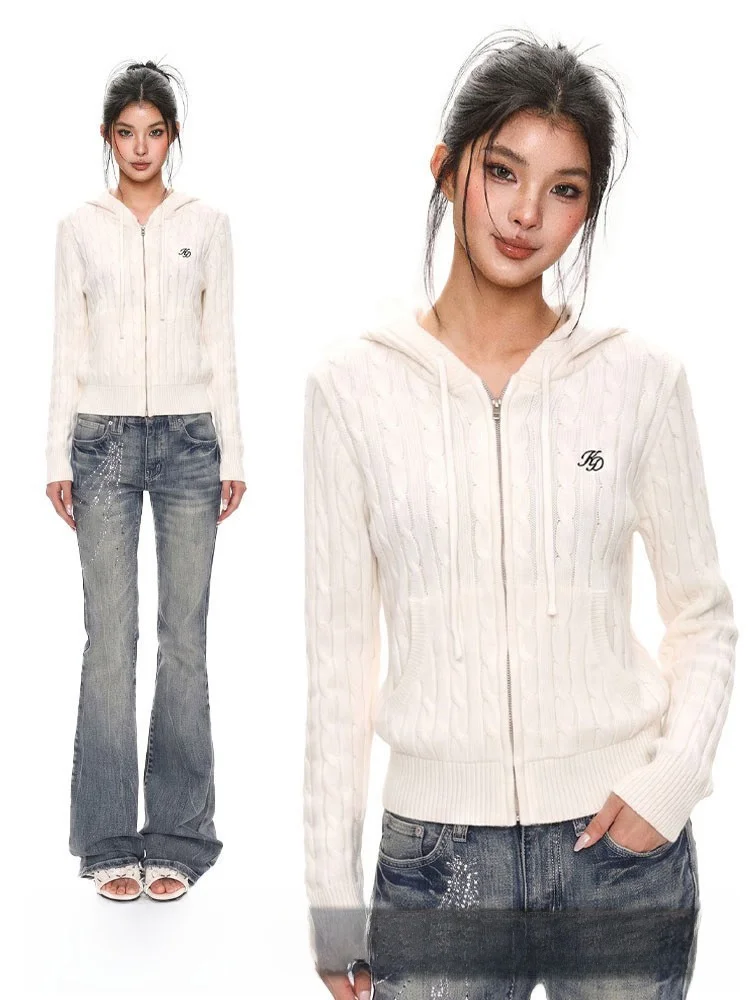 White Zipper Twist Hat Women's Early Autumn Inner Knitted Shirt Top RreReal Knitted Sweater Cardigan Slim Fit Long Sleeve
