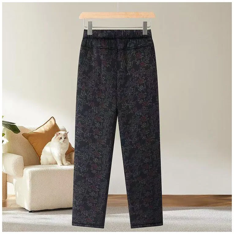 Slimming Effect Fleece Lined Wide Leg Pants Women's High Waist Straight Cut Leopard Print Casual Trousers Autumn Winter New A...