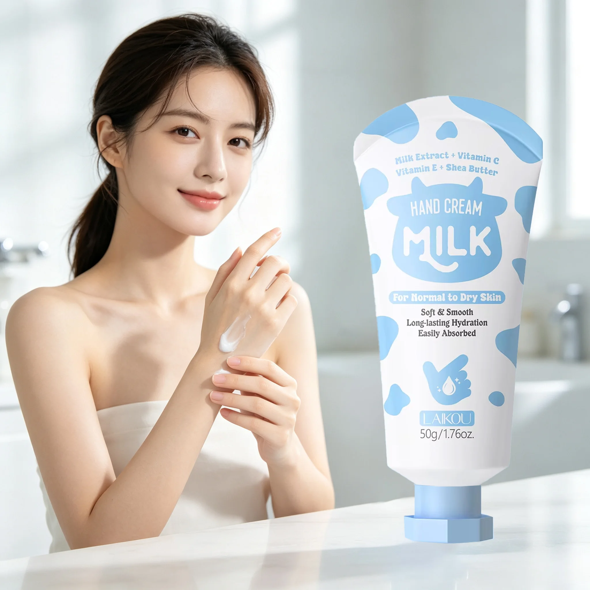 LAIKOU Milk Hand Cream 50g Moisturizing Nourishing Shea Butter Vitamin E Soft Smooth Long Lasting Hydration for Dry Hands