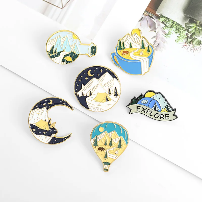 Camping Adventure Enamel Pins Custom Outdoors Explore Natural Scenery Brooch Lapel Badge Bag Cartoon Jewelry Gift for Kid Friend