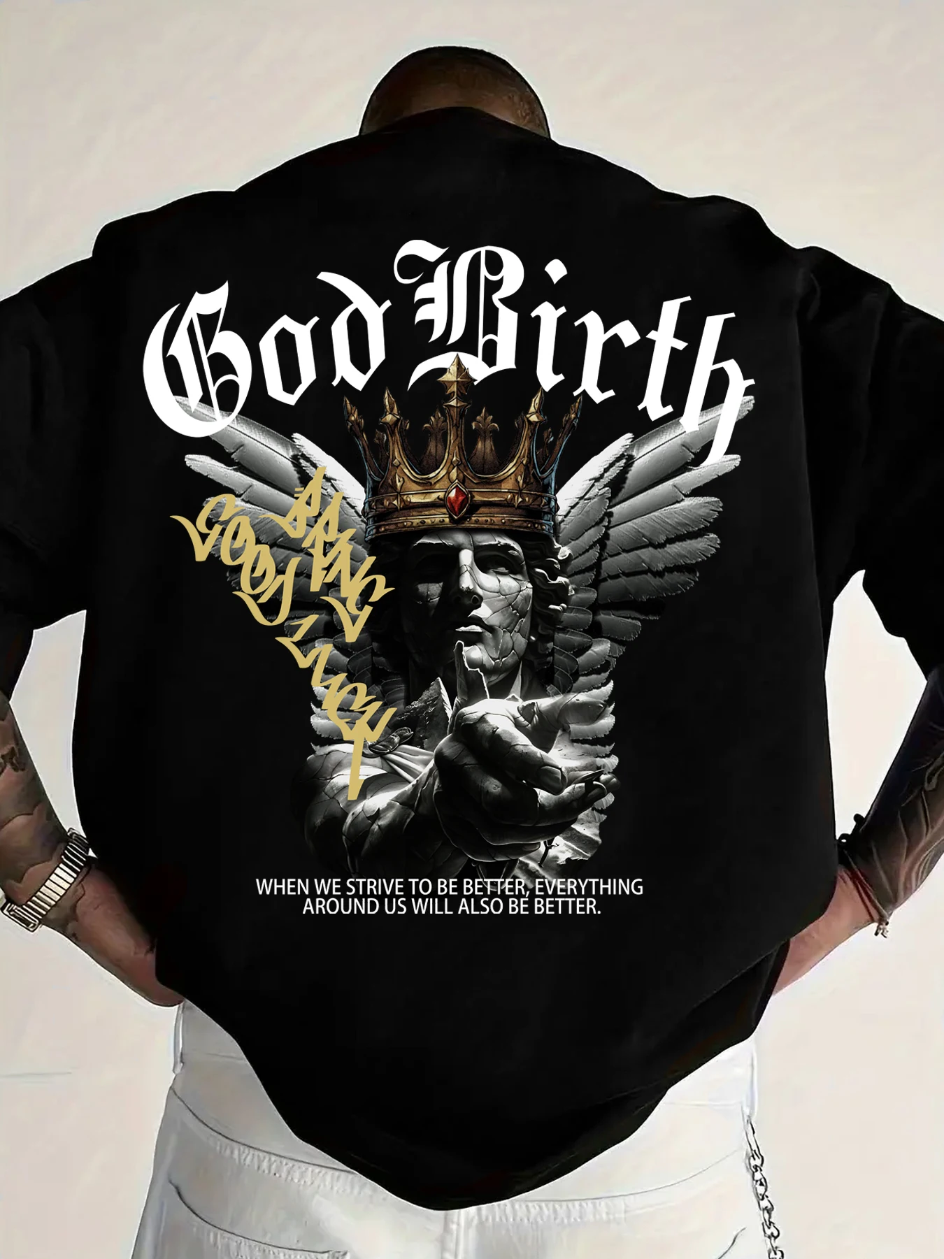 Men's God Birth Angel King Graphic T-Shirt Oversized Casual Streetwear Short Sleeve Tee