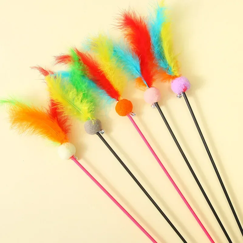 

5pcs Funny Kitten Cat Teaser Interactive Toy Rod with Bell and Feather Toys For Pet Cats Stick Wire Chaser Wand Toy Random Color