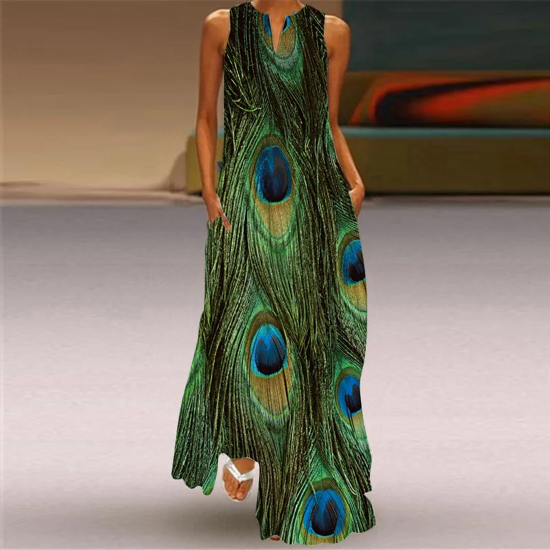 Lady Summer Long Dress Green Sleeveless Feather Print Elegant Party Dresses For Women 2023 Casual Beach Women Dress Cloth