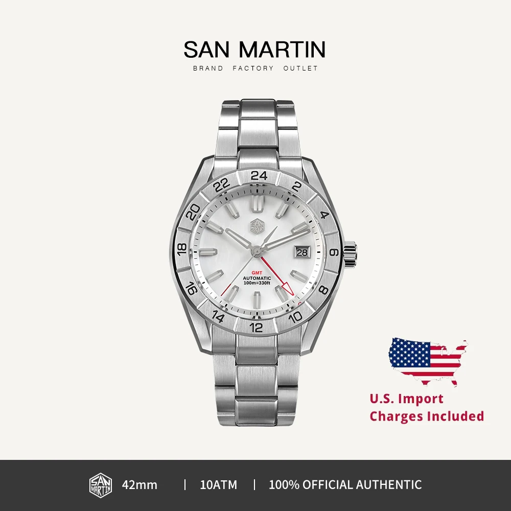 

San Martin 42mm Luxury Stainless Steel Chinese Men Watch NH34 GMT Automatic Mechanical Watches MOP Dial Waterproof 10Bar SN0130