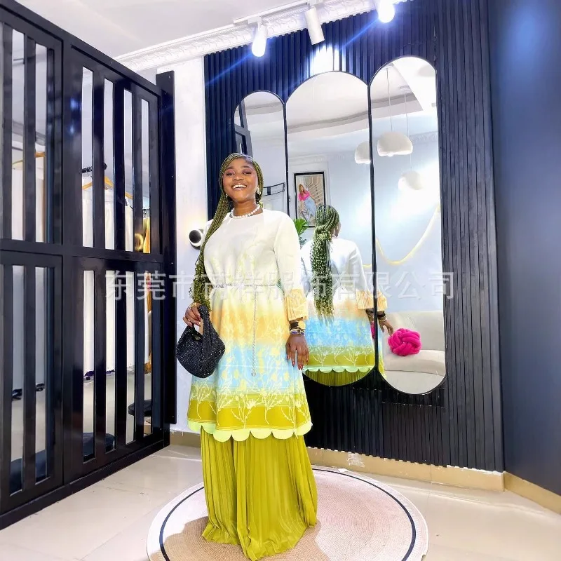 미야케 플리츠 팬츠 수트 2025 가을 신상 그라데이션 컬러 플러스 사이즈 루즈핏 캐주얼 투피스 수트 이브닝 드레스