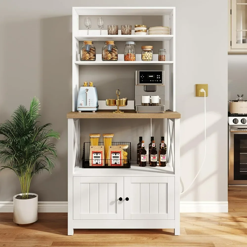 Kitchen Cabinet, Microwave Stand Bakers Rack , Kitchen Pantry Hutch Tall w Door Power Outlet Thickened Counter, Cabinets Kitchen