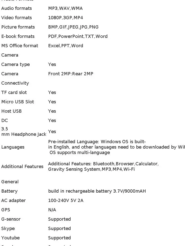 T10 Tablet PC 11.6 INCH 2GB RAM+64GB ROM G12 Windows 10 Dual Cameras Quad Core Touch Screen 9000mAH Battery WIFI 1366*768 IPS