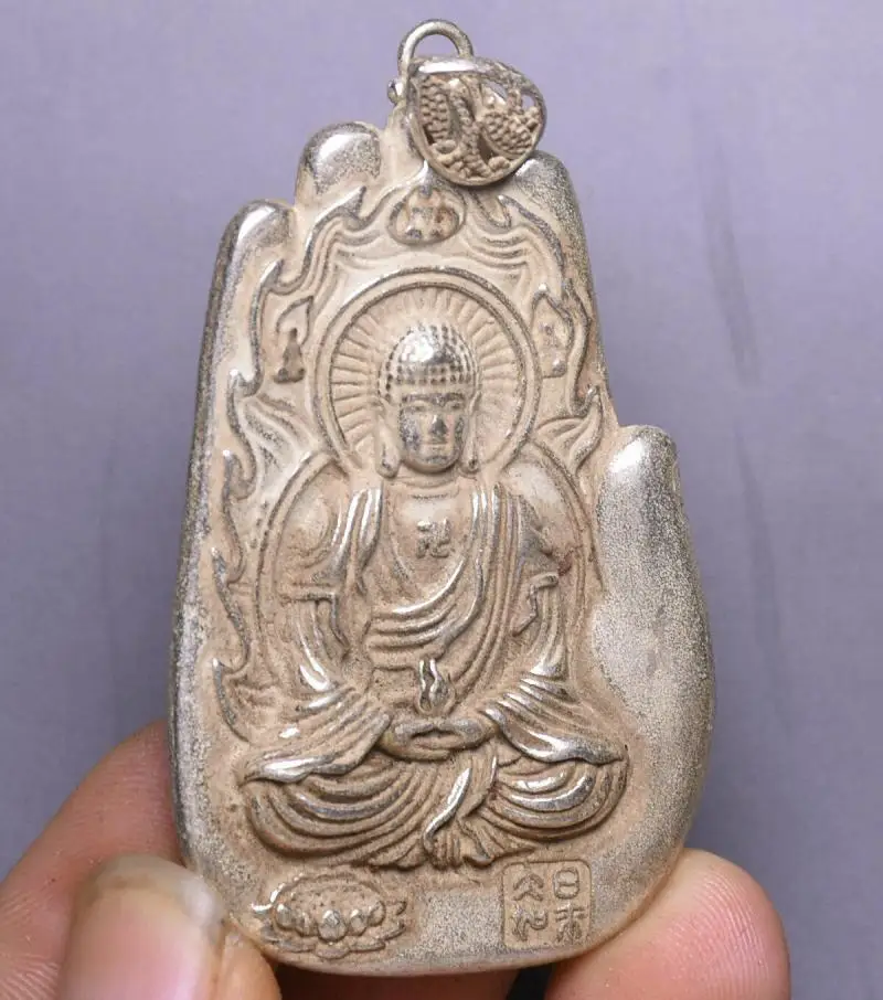 6.5Cm Old Tibet Silver Shakyamuni Amitabha Buddha Words Bergamot Amulet Statues