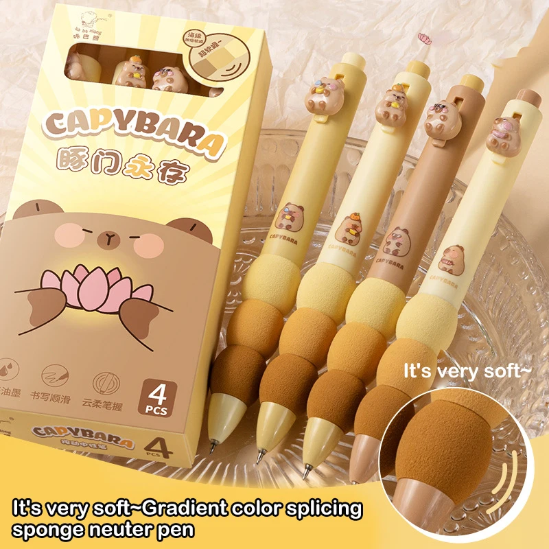 4 Stuks Kawaii Cartoon Capybara Panda Gel Pen Schattige Balpen Zachte Spons Pen Grip Student Schrijven Briefpapier Schoolbenodigdheden