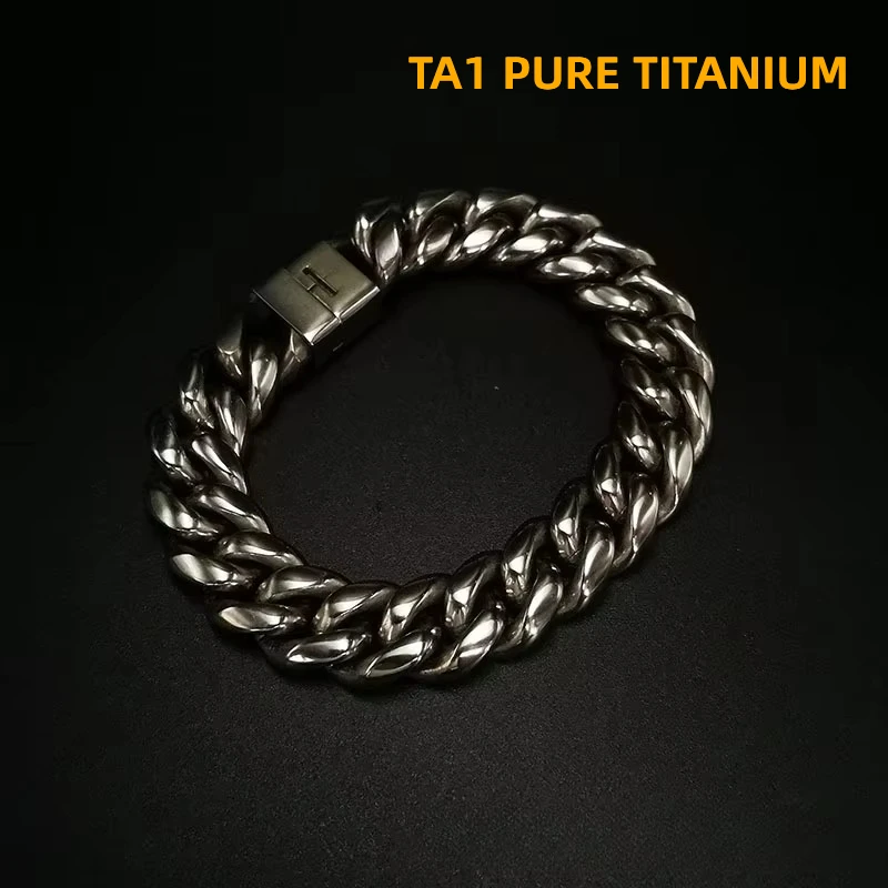 Fashion 14mm Hip-Hop TA1 Pure Titanium Bracelet for Men Ultra Light Non-Allergic Titanium Curb Cuban Chain Bracelets Necklaces
