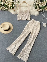 Women Summer Sexy Sleeveless Hollow Out Knitted Short Strap Tops Long Flare Pants Two Piece Suits Boho Beach Clothing