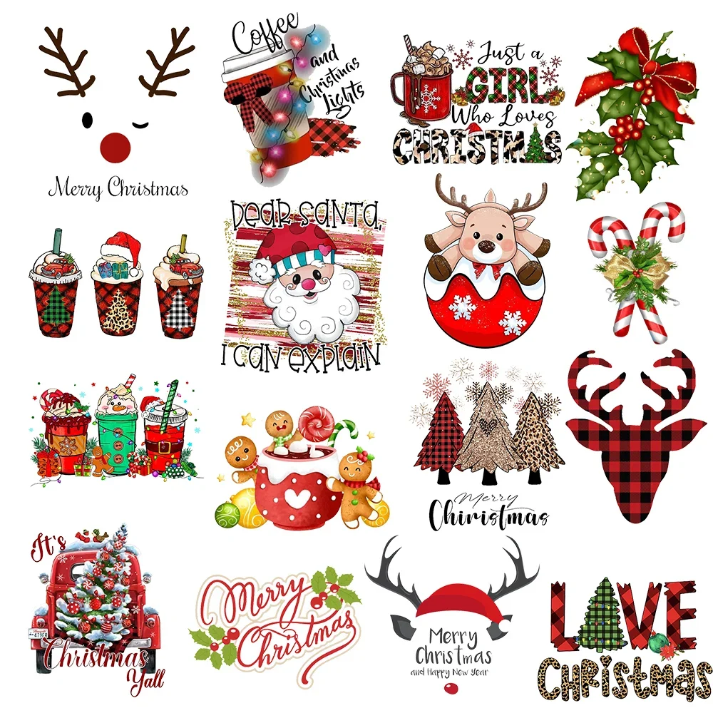 Christmas Santa Trees Iron on Patches Clothes DIY T-shirt Dress Applique Heat Transfer Xmas Tree Iron on Vinyl Sticker