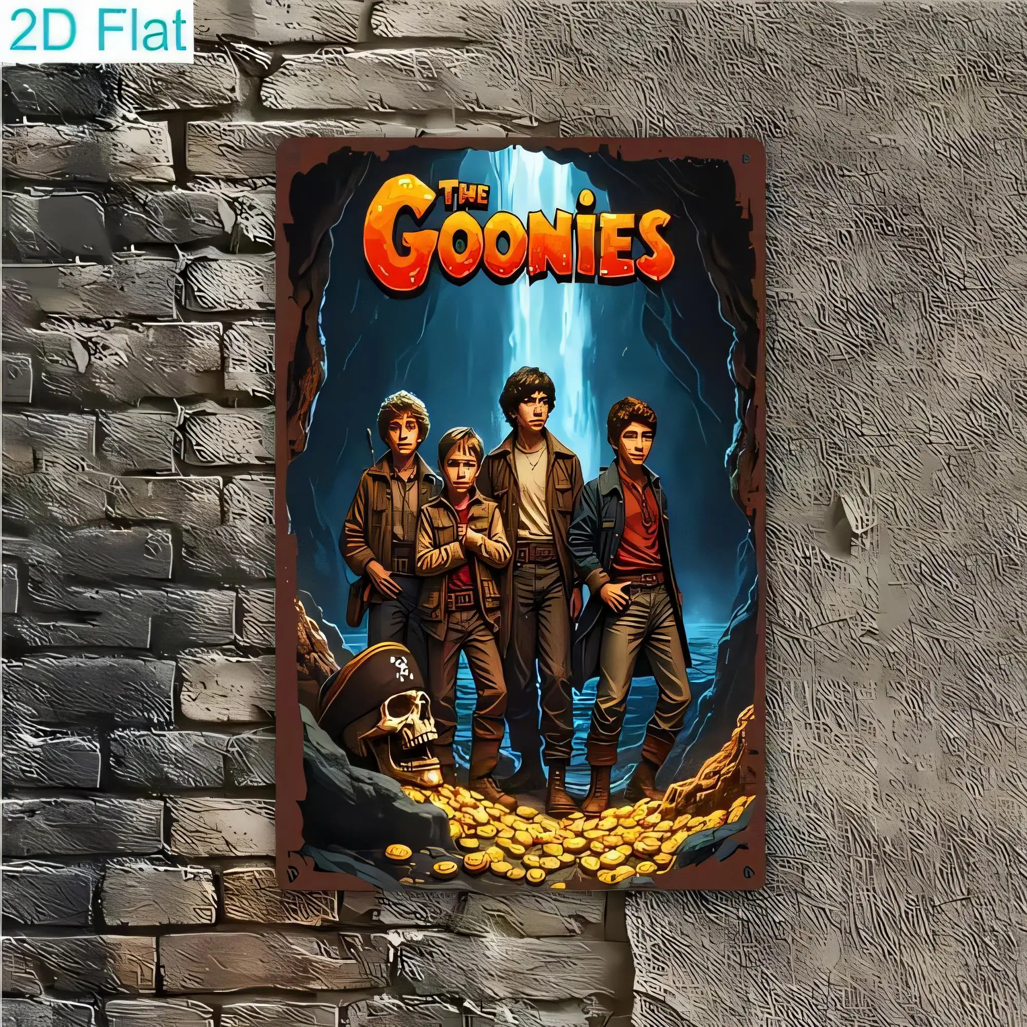 Tin Sign The Goonies Retro Movie Poster 2D Flat Metal Wall Art Plaque, Goonies Group Portrait Skull Treasure Coins Vintage Rusti