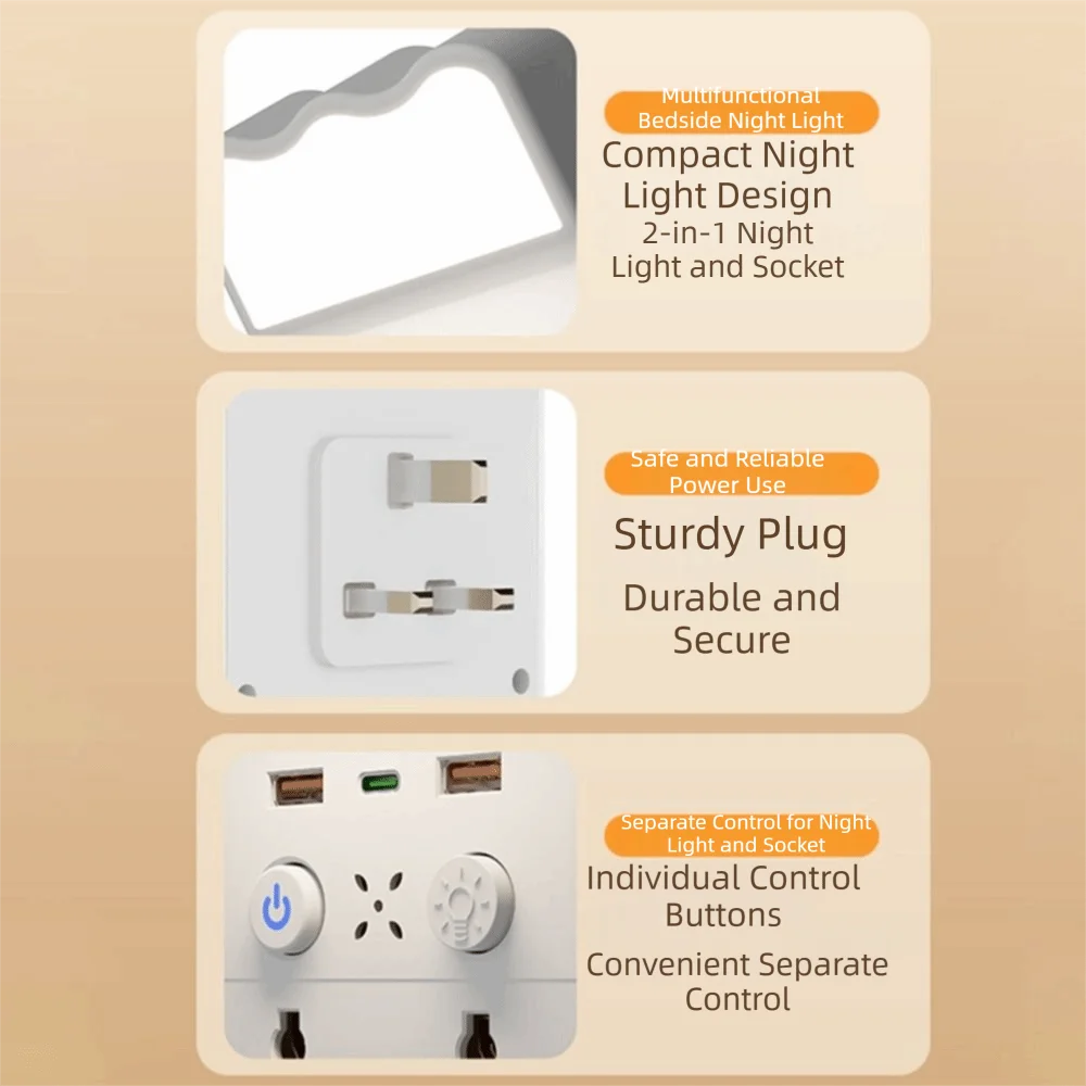 

Универсальный сетевой светильник-адаптер с теплым белым светодиодом, 1 порт Type-C и 2 порта USB-A, настенный, квадратный