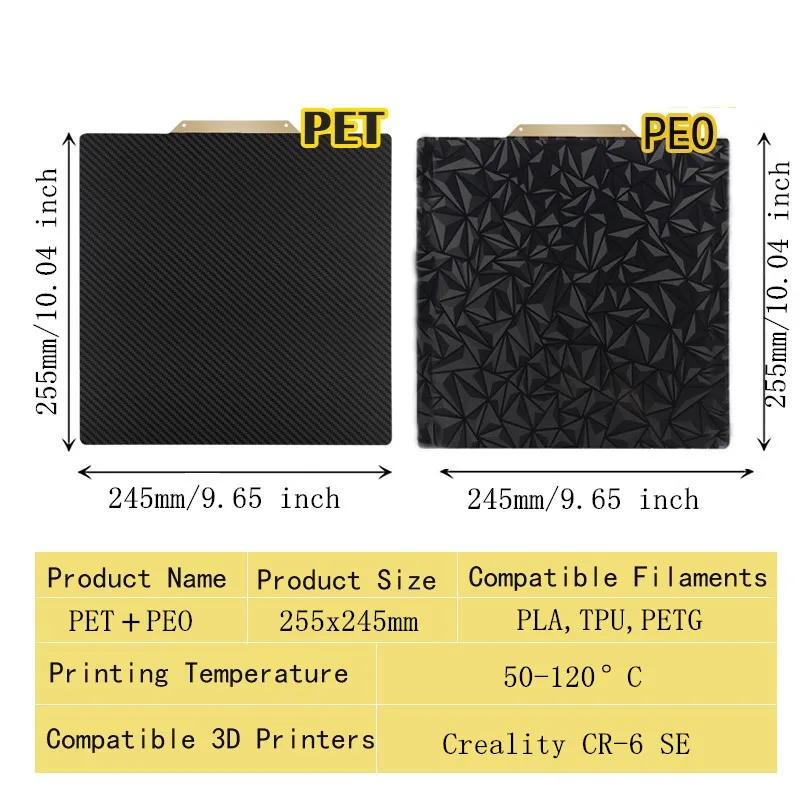 Energic Smooth PEI PEO PET Sheet 255x245mm per Creality CR 6 SE Build Plate Upgrade PEY PEO Chameleon Spring Steel Flex Plate