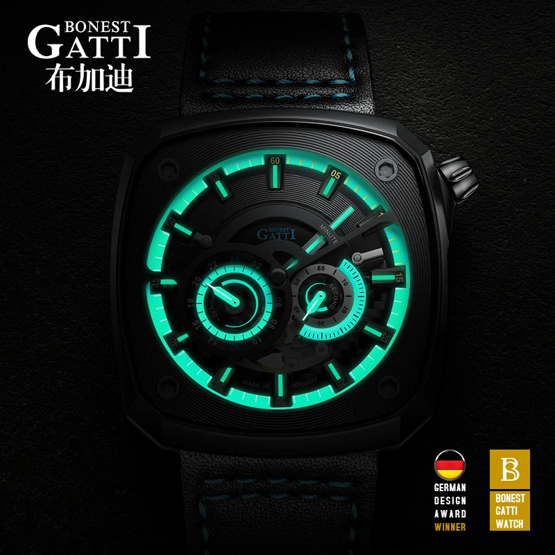 BONEST GATTI 2025 New Men Automatic Watch Luxury Watches Fashion Mechanical Wristwatch 50M Waterproof Sapphire Luminous Skeleton