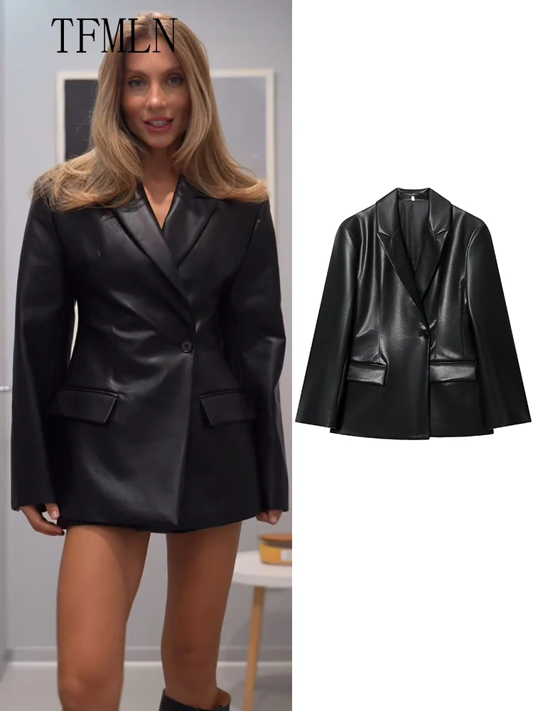 Mulheres finas jaquetas de couro falso moda entalhado único botão causal chique casacos manga cheia bolsos outwear 2025 outono inverno