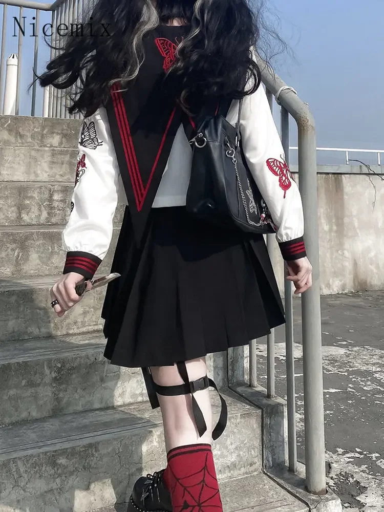 

Nicemix Women Preppy JK Suit Genuine Japanese Dark Jk Uniform Shirt + Black Pleated Skirt Punk Girl Embroidered Sailor 2pcs Suit