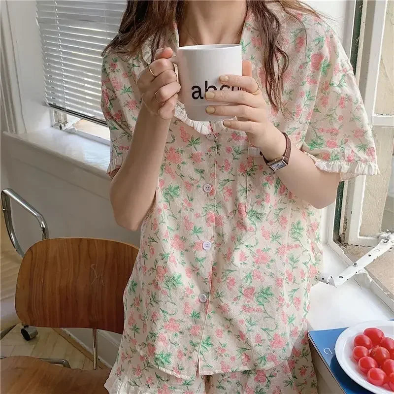 Blue sleepwear women pajamas shorts sets Japan style pijama loungewear pocket summer underwear two piece set ruffle night wear