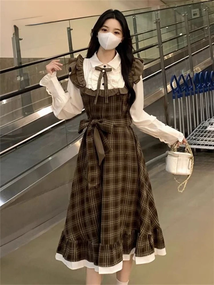 Spring Autumn Dresses Fake Two Piece Patchwork Long Sleeve Bow Plaid Dress  Preppy Style Fashion Elegant Vintage Women Clothing - AliExpress 200000345