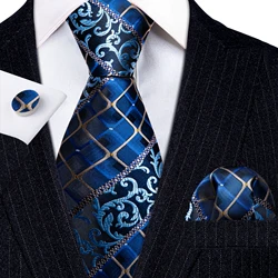 New Blue Plaid Silk Men Tie Wedding Gift Barry.Wang Designer 3PC NeckTie Handkerchief Cufflinks Set Business Groom LN-5810