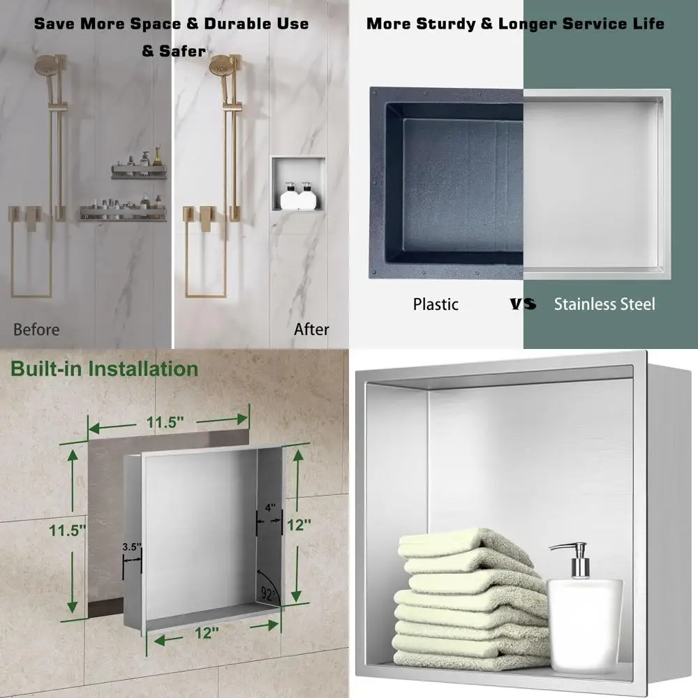 

Ниша для душа из нержавеющей стали, элегантный органайзер для встраиваемой полки для хранения в ванной комнате без плитки