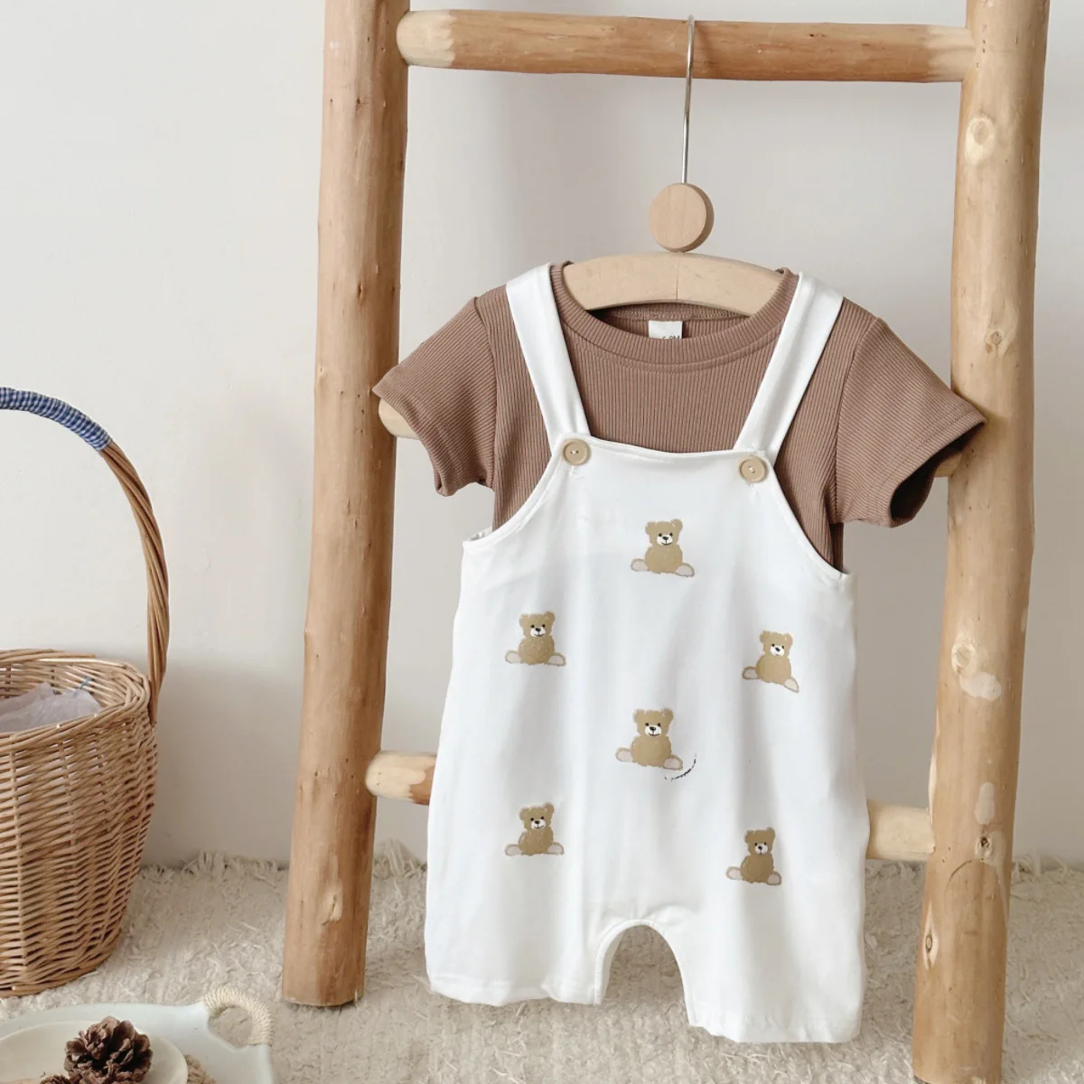 Suspender Pants Boys Girls Summer Clothes Kids  Short Sleeve + Loose Bear Print Overalls Kids Jumpsuits with Pockets Outfit 2PCS