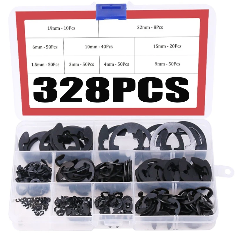 

328pcs Circlip Black Mn-Steel Washer 1.5mm/3.0mm/4.0mm/6.0mm/9.0mm/10.0mm/15mm/20mm/22mm External Retaining E Type Circlip Ring