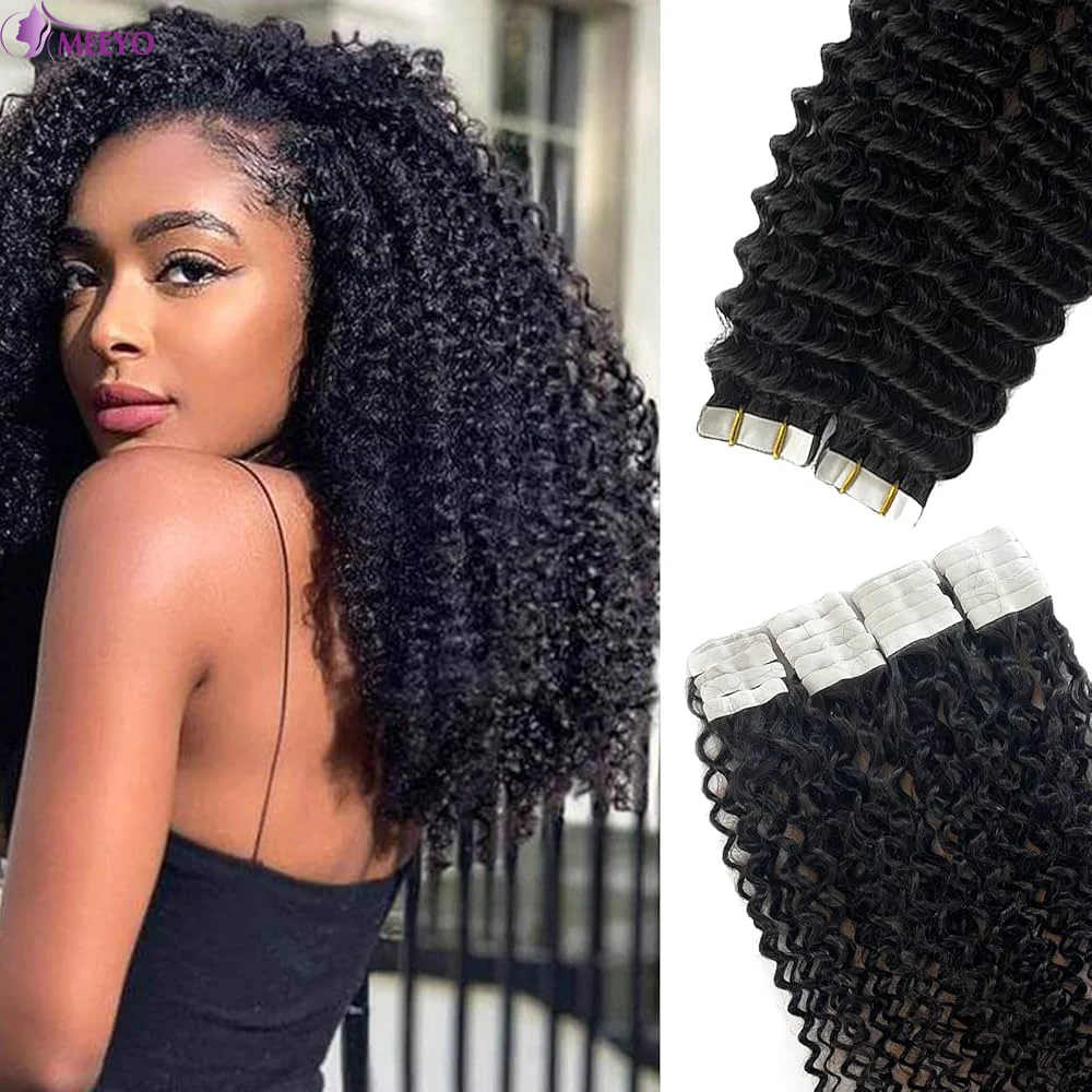 

Curly Tape in Hair Extensions Human Hair Natrual Black Deep Wave Remy 100% Human Hair Extensions Adhesive Invisible For Women