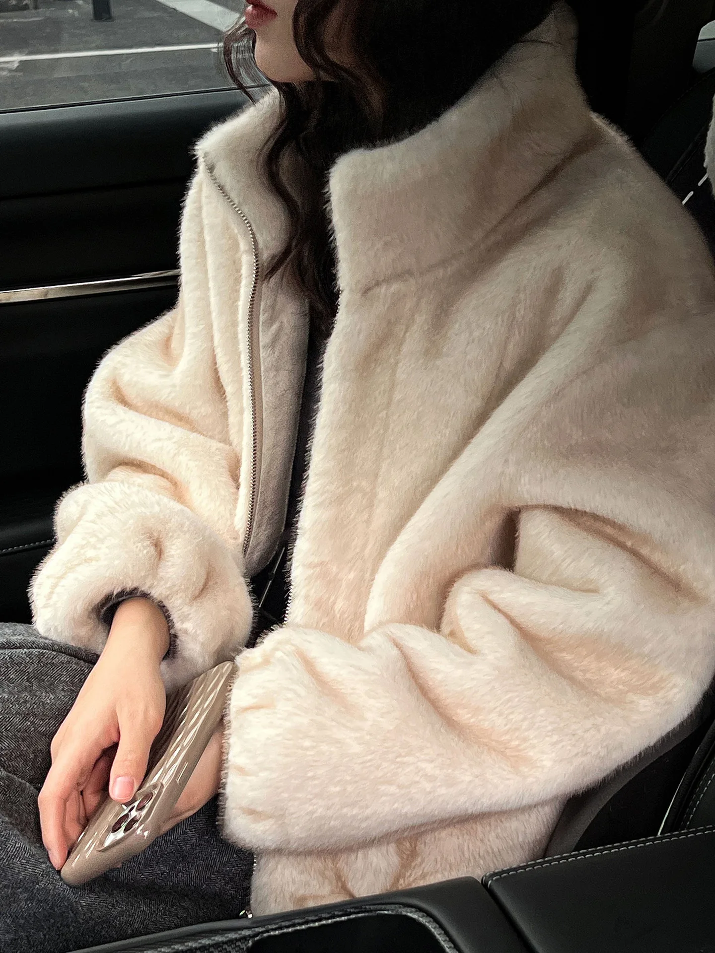 Abrigo de Piel Sintética con Cuello Atmosférico Coreano, Chaqueta de Piel Ecológica Acogedora, Abrigo Extra Grande Cálido, Prenda Exterior Elegante y Suave Estilo Visón