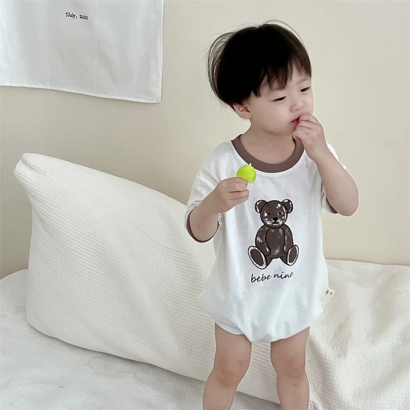 

2024 Summer New Baby Short Sleeve Bodysuit Thin Cotton Infant Boy Girl Cartoon Bear Print Jumpsuit Newborn Toddler Clothes 0-24M