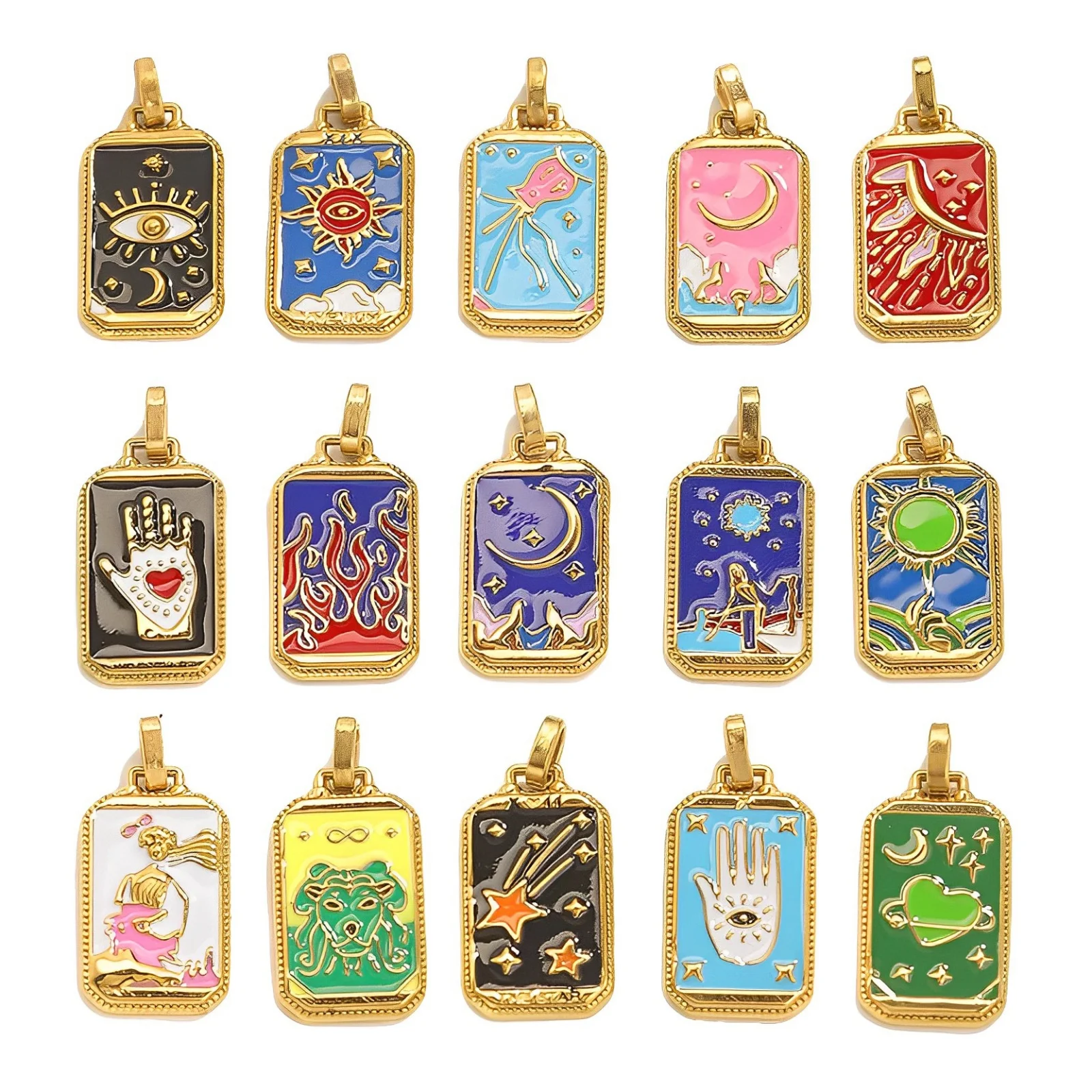 304 Stainless Steel Tarot Pendants 18K Gold Plated Rectangle Enamel Charms For Neckalce Bracelet Jewelry 3.1cm x 1.4cm, 1 Piece