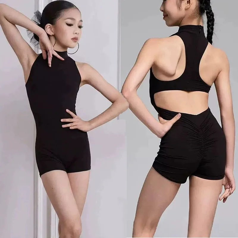 Children Latin Dance Jumpsuits Girl Sleeveless Bodysuit Training Practice Leotard ChaCha Rumba Clothes Stage Dancewear Costume