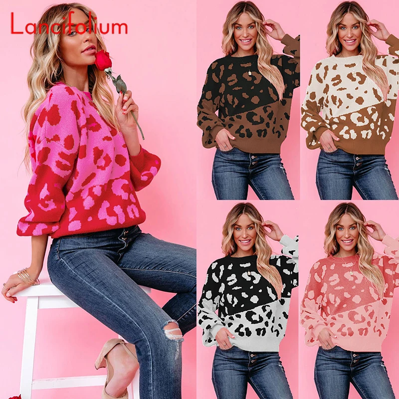 

Christmas Crewneck 2 Color Knitted Sweater Fall Winter Harajuku Vintage Women Leopard Contrast Streetwear Pullover Sweater Top