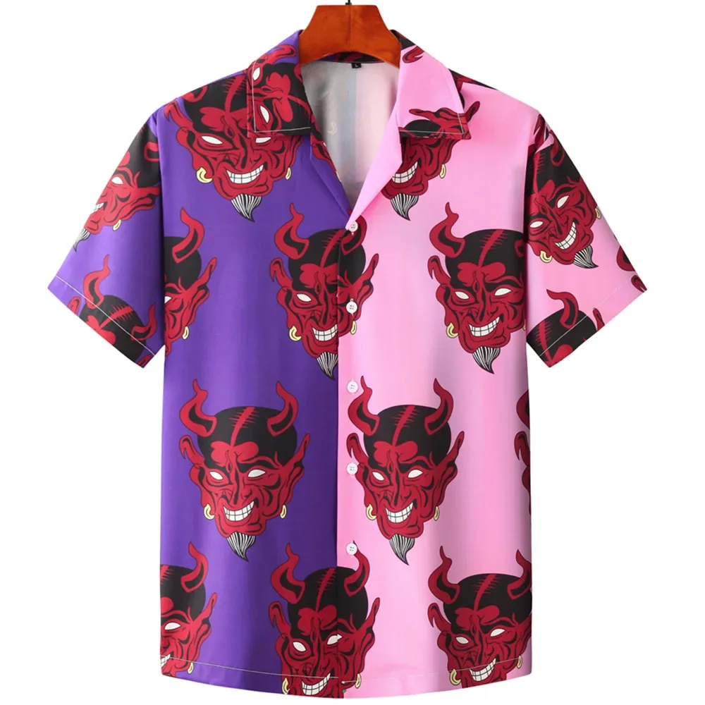 Men Contrast Color Devil Head Hawaiian Shirt Short Sleeve Button Up Party Unisex Tops