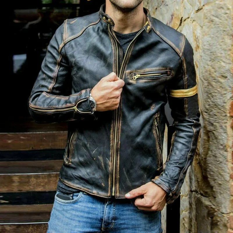 KIDWHXR Herbst Herrenjacke Motorrad Punk Stehkragen Reißverschluss Lederjacke Slim Fit Langarm Winddichte Oberbekleidung für Männer – Detail 2