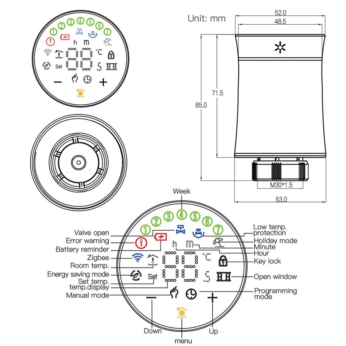 Imagem -02 - Qiumi Tuya Válvula Atuador Radiador Inteligente Termostato Programável Aquecedor de Temperatura Trv Alexa Controle de Voz