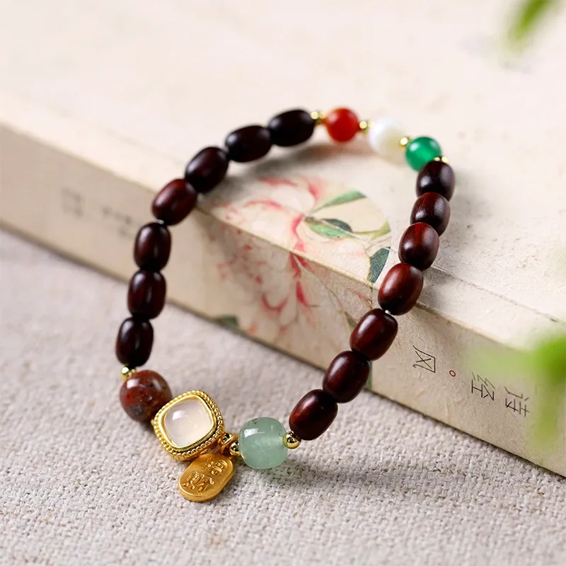 Natural Rosewood Bracelets Hand Woven Wooden Agate Dongling Jade Bai Beisha Gold Inlaid Women's High-end Jewelry Gift