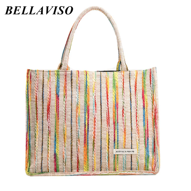 

BellaViso Trendy Summer Women's Canvas Tote Bag Female's Rainbow Stripes Large Capacity Portable Crossbody Shoulder Bags BLCB-30