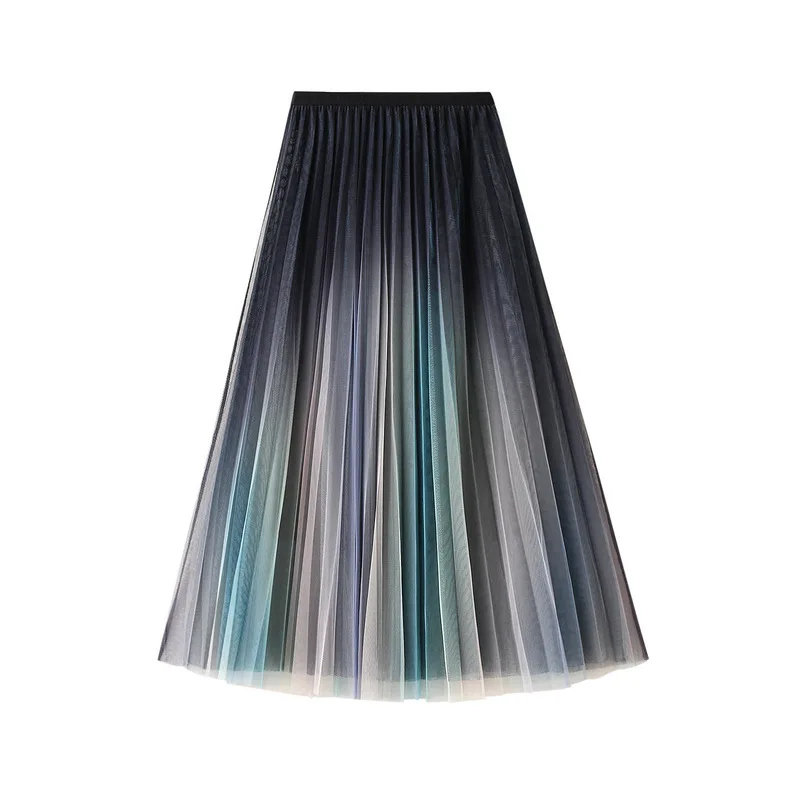 New In Women's High Waist Mesh Gradient Color Mid Long Skirt Female Spring Summer Korean Sweet Style Elegant Tulle Skirts