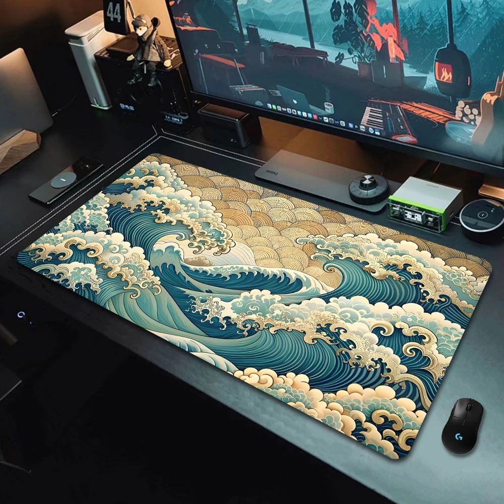 Golden Wave Flower Mouse Pads, Large Mouse Pad with Stitched Edge, Precision Stitching, Durable Rubber Base, Desk Mouse Pad